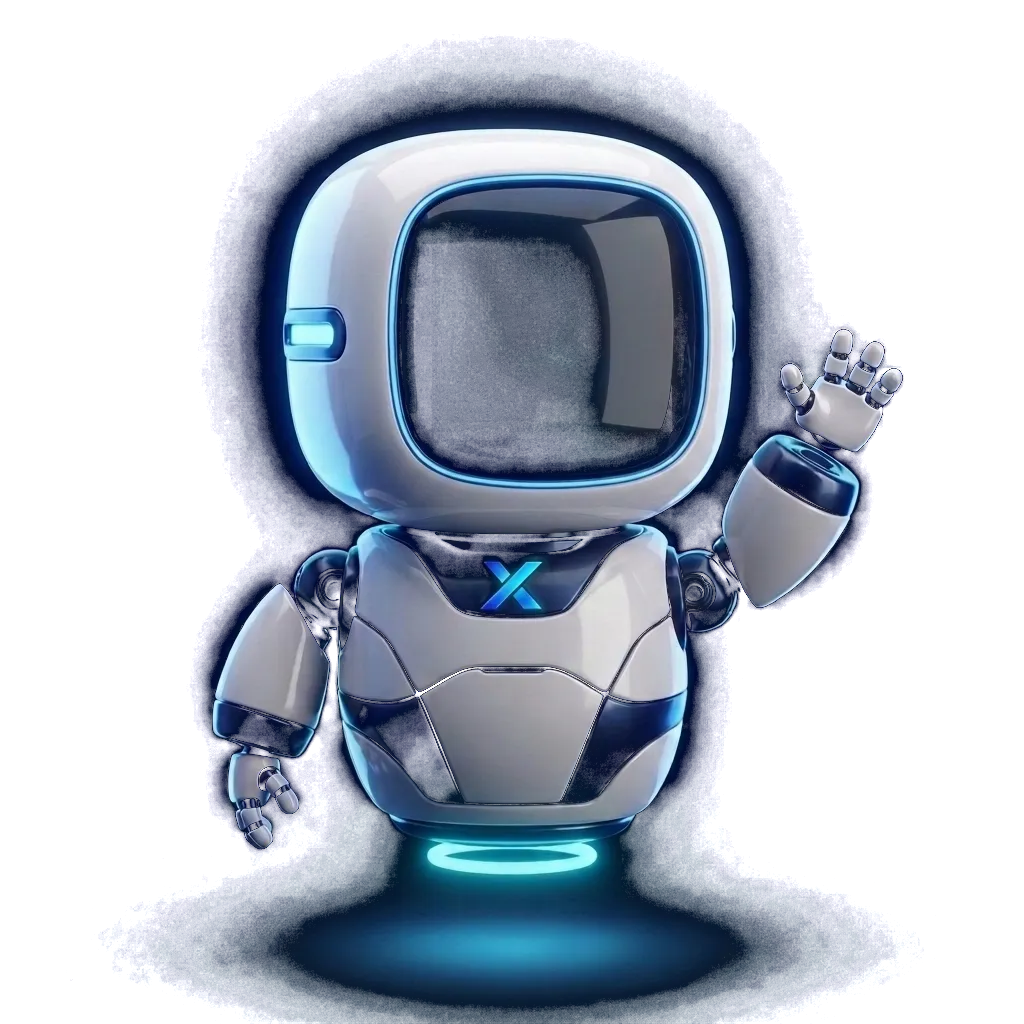 Robô da VTX flutuando e acenando, com um X azul no rosto